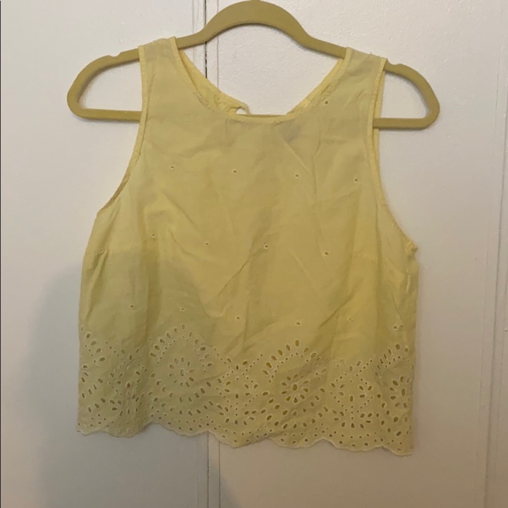 Yellow scalloped crochet accent tie back top